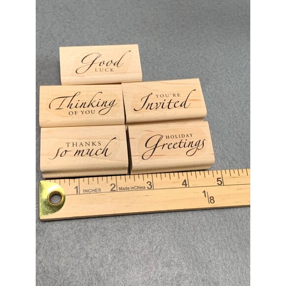 Set Of 5 Sentiment Rubber Stamps - Good Luck Thinking of You You're Invited - Picture 3 of 4